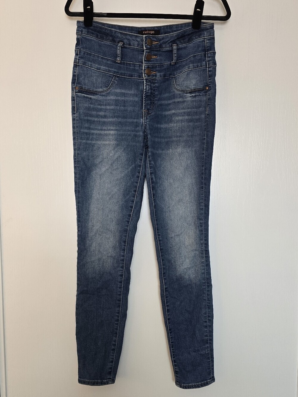 Refuge - Blue Denim High Waisted Triple Button Fly Skinny Jeans